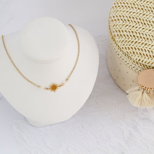 Collier de mariée connecteur soleil doré or fin perles de cristal Swarovski