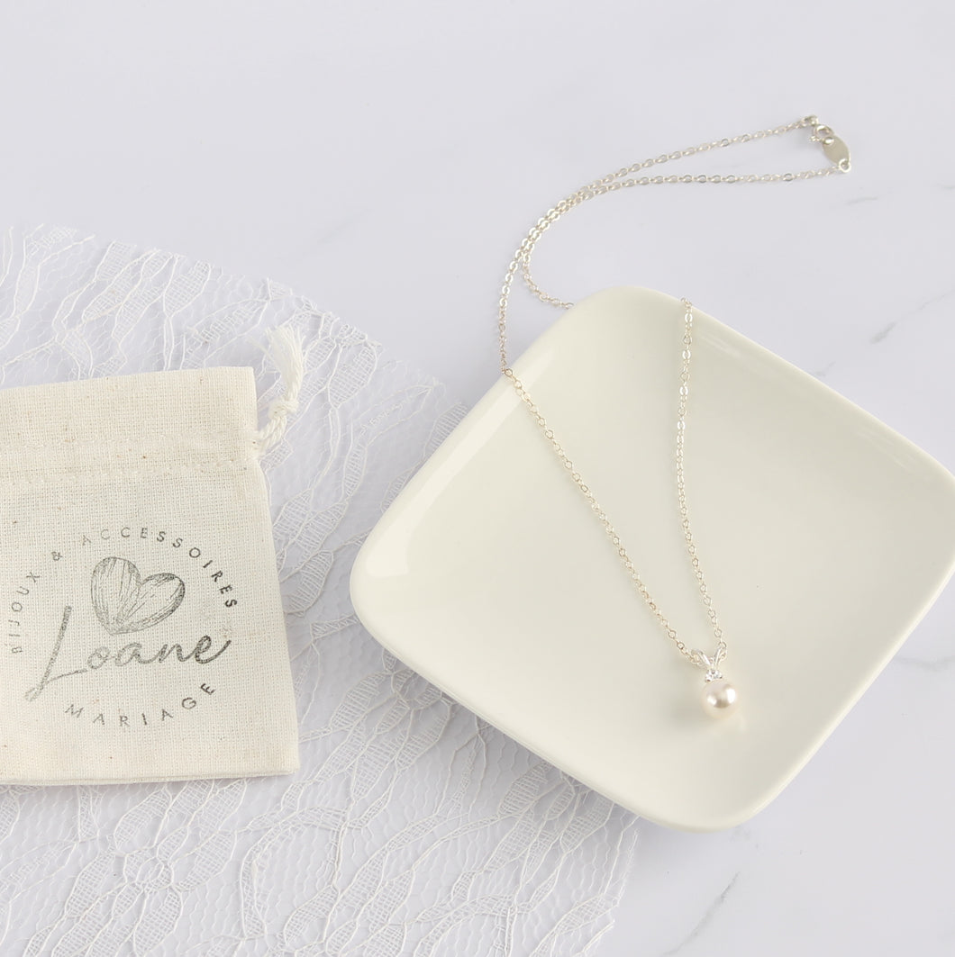 Collier mariée pendentif perle nacrée blanche strass swarovski