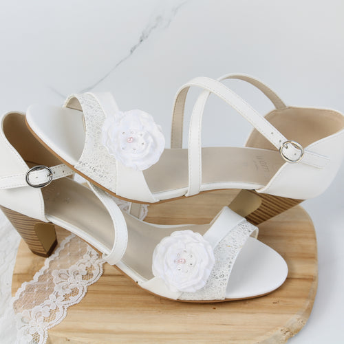 Clips chaussures mariée fleur satin blanche perle nacrée strass swarovski